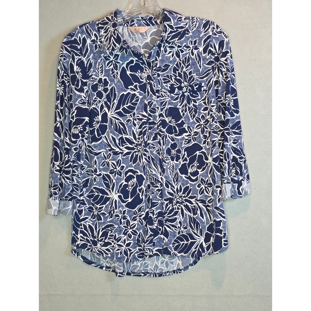 AMANA Navy Blue White Floral Button Down Shirt Small 3/4 Sleeve T11188-34